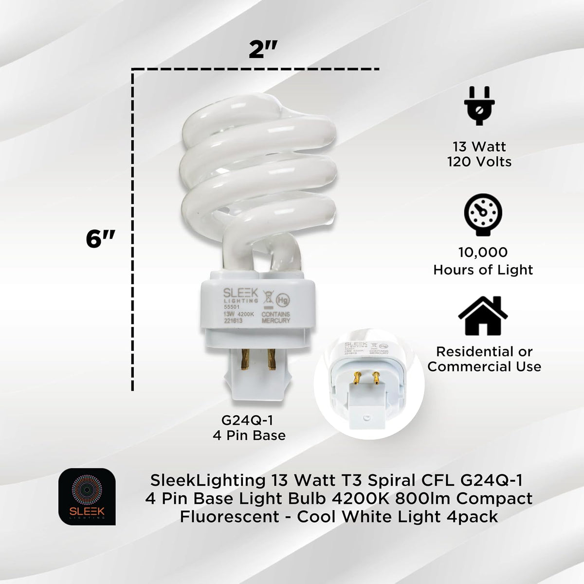 13 Watt T3 Spiral CFL 4 Pin G24Q-1 Base Light Bulb 4200K 800lm - Compact Fluorescent -Warm White Light 4pack