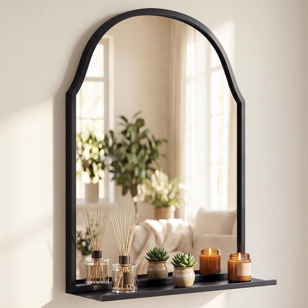 30x20 Inch Arched Bathroom Mirror with Shelf, Black, Metal Frame