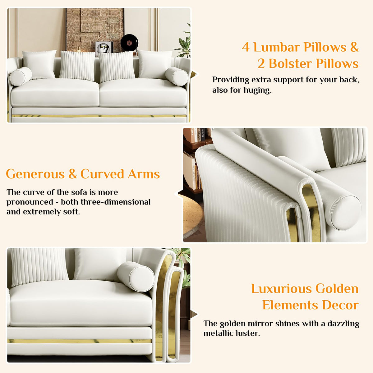 86.7" Chesterfield Sofa Luxury White and Gold Couch, White
