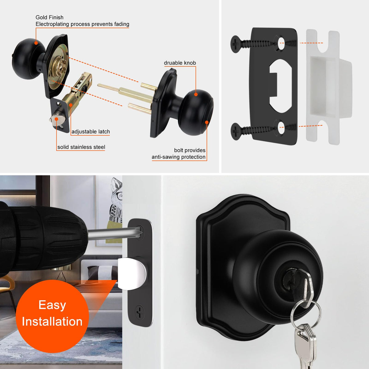 Black Entry Door Knob, Exterior Door Lock with Key 1 Pack