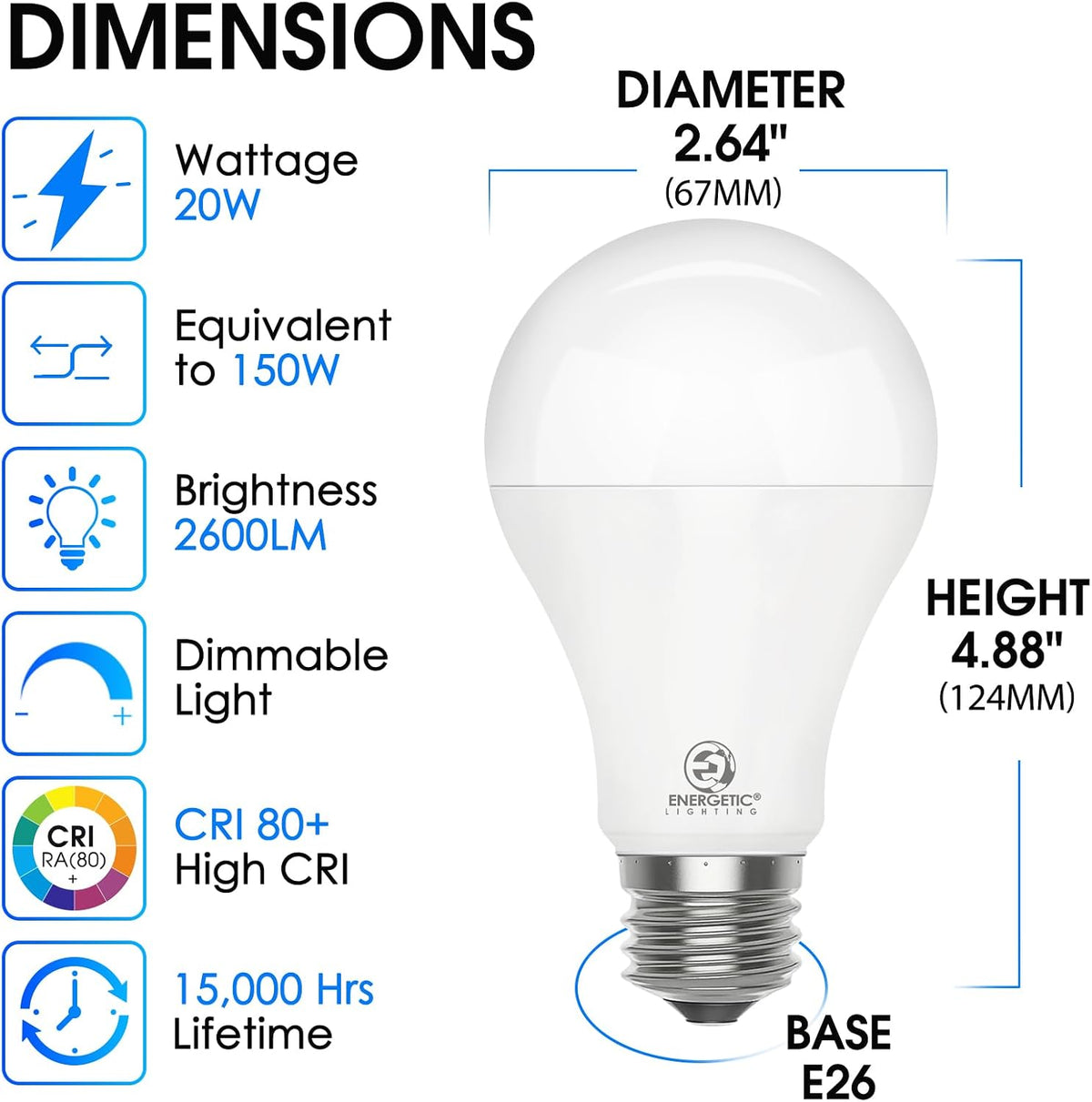 2 Pack 150 Watt Equivalent LED Bulb, Dimmable Super Bright Light Bulb 2600LM, Daylight 5000K, A21 LED Light Bulb, E26