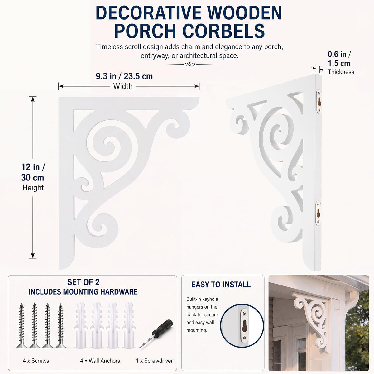 2 Pcs Large Wood Porch Corbels for Doorway 9.3" W x 0.6" D x 12" H