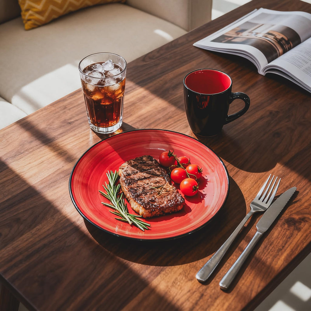 Stoneware Sonoma Dinnerware Set, Black + Speckled Spin Wash (56pc Set, Red)
