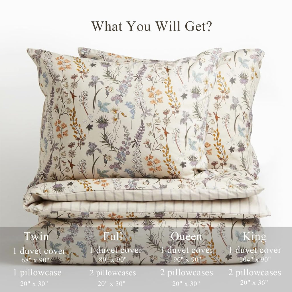 Floral Duvet Cover 3 Pieces Aesthetic Reversible Striped Bedding Set Farmhouse Botanical Flowers Design Soft