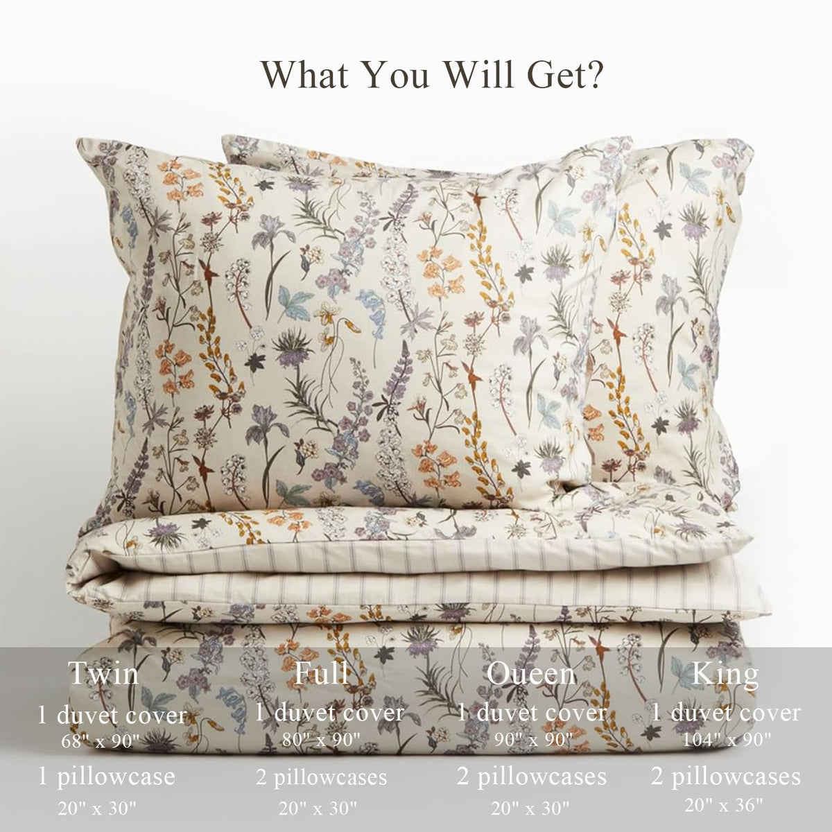 Floral Duvet Cover 3 Pieces Aesthetic Reversible Striped Bedding Set Farmhouse Botanical Flowers Design Soft