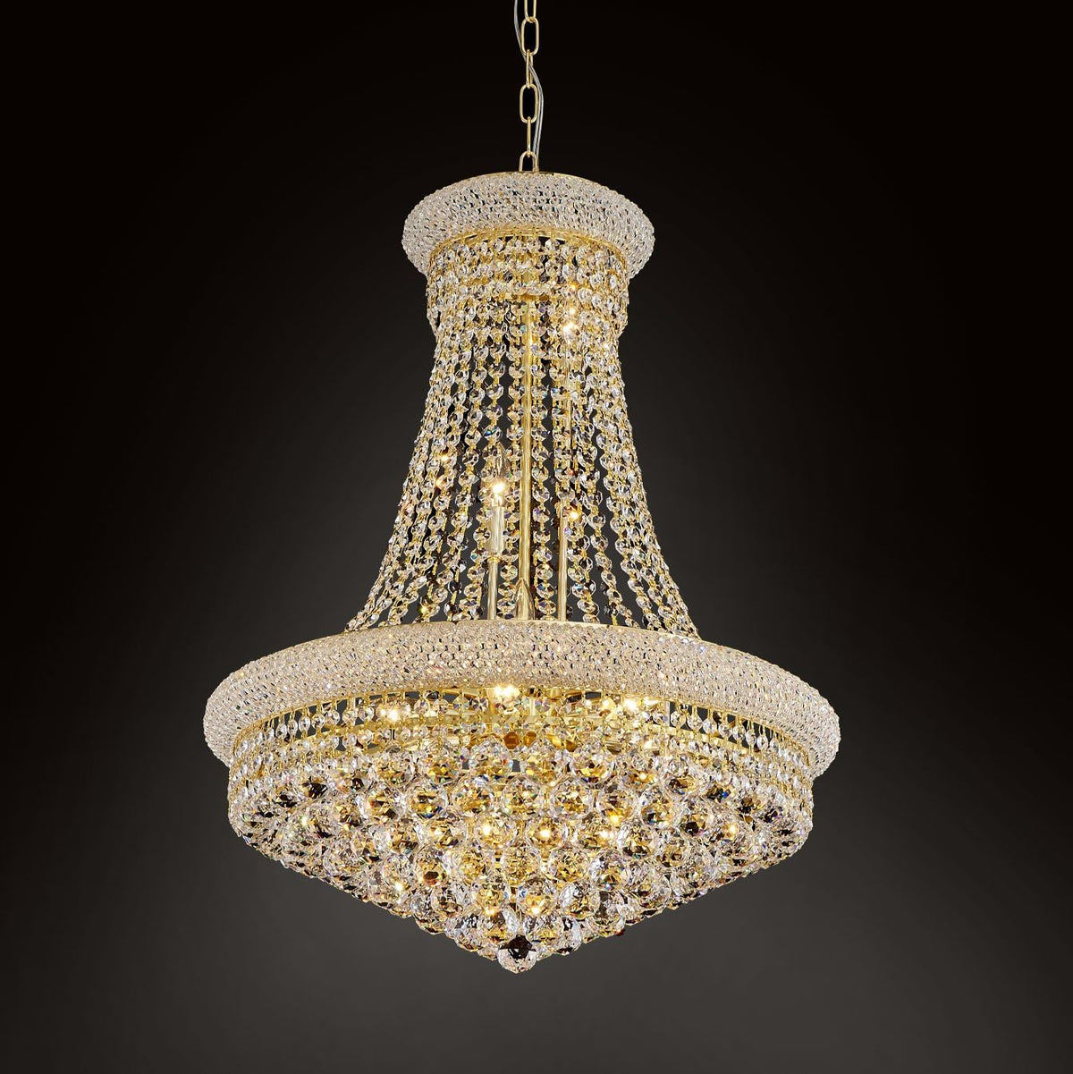 Modern Gold Crystal Empire Chandelier with Cascading Drops for Dining Rooms
