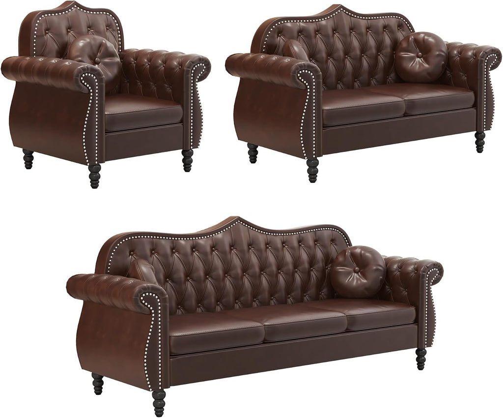 Chesterfield 3-Piece Tufted Faux Leather Living Room Sofa Set — Sofa, Loveseat & Armchair with Nailhead Trim, Brown