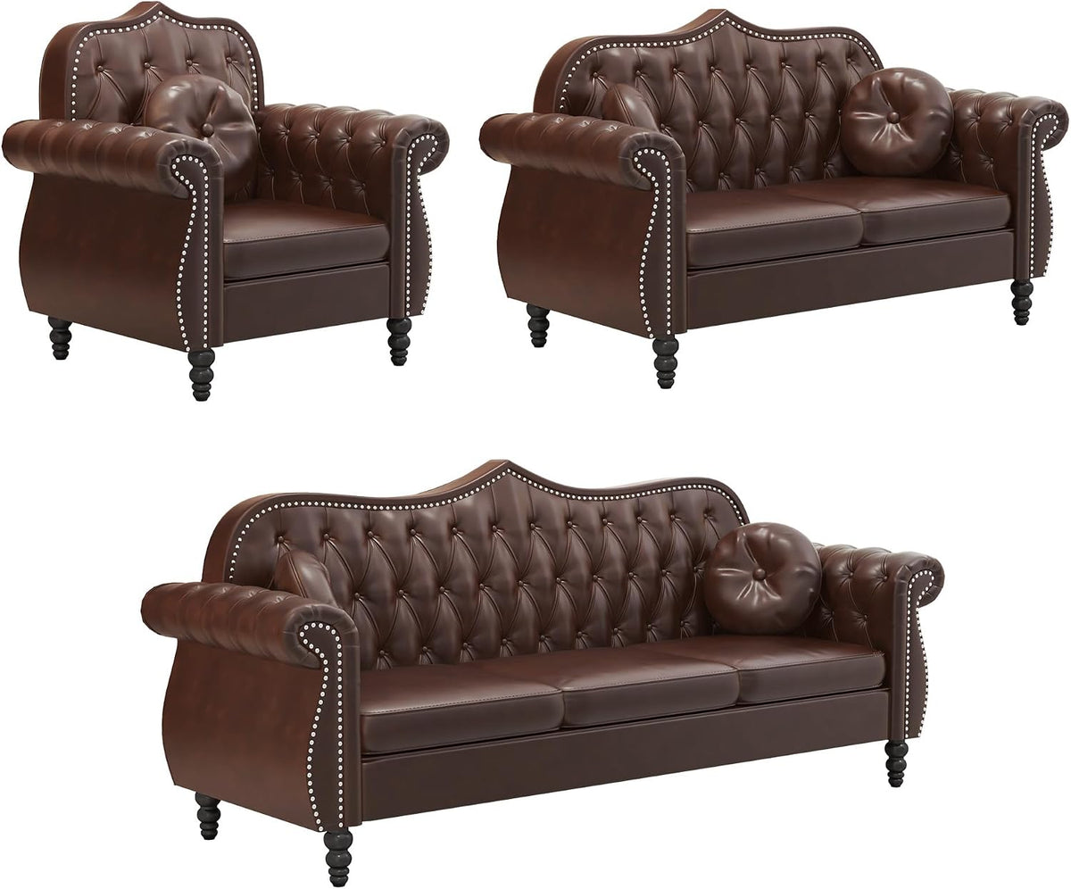 Chesterfield 3-Piece Tufted Faux Leather Living Room Sofa Set — Sofa, Loveseat & Armchair with Nailhead Trim, Brown