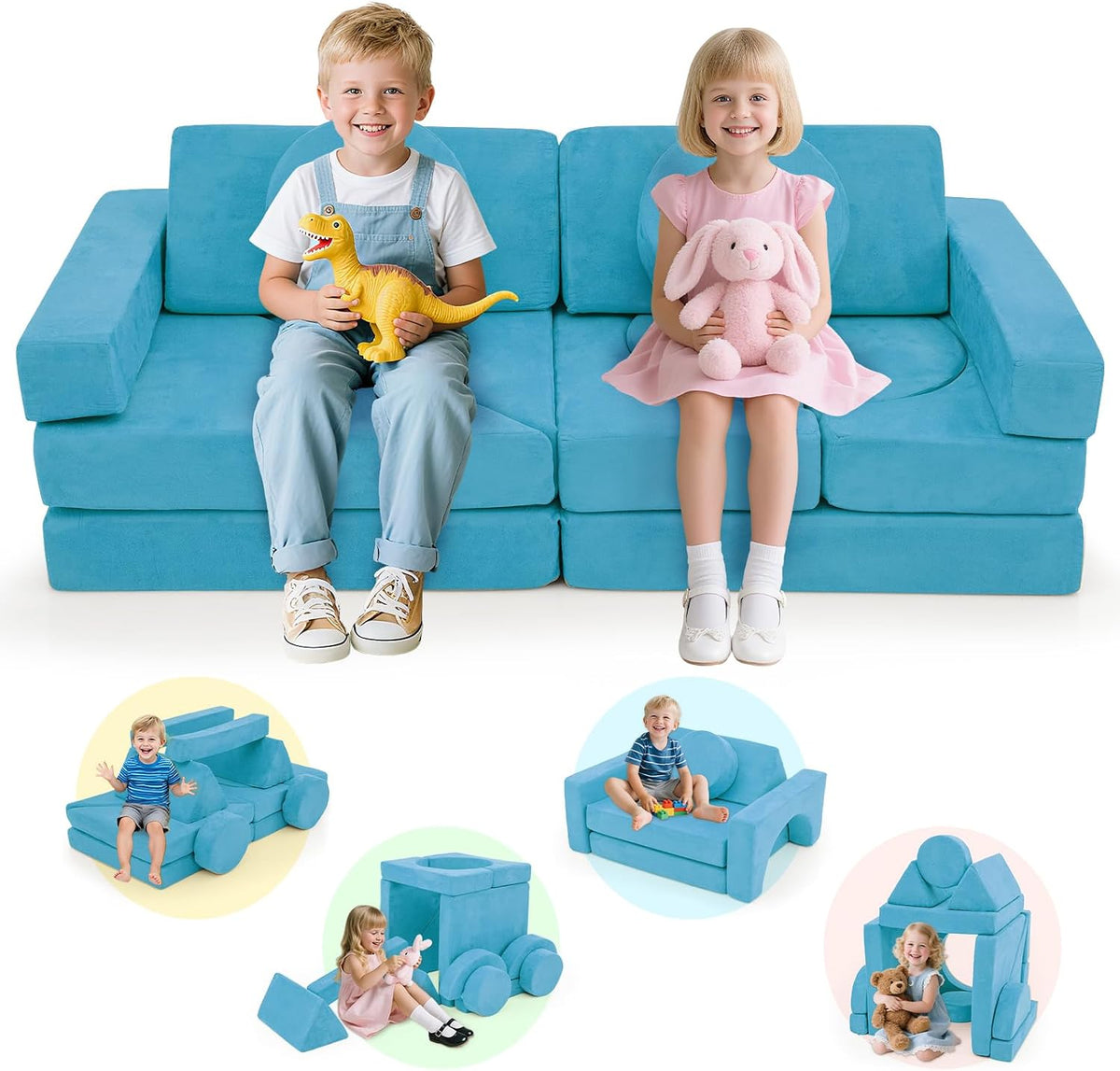 Modular Kids Play Couch, 14 PCS Convertible Foam Children Floor Sofa, Playroom Bedroom Nursery Furniture