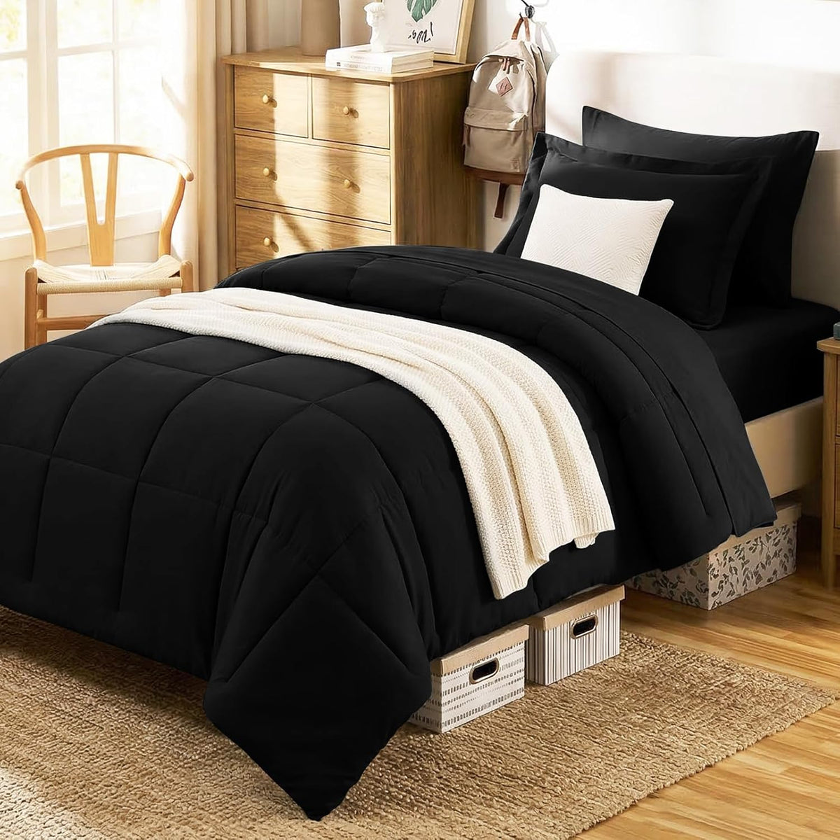 Full Comforter Sets, 7-Piece Bed in a Bag, Black