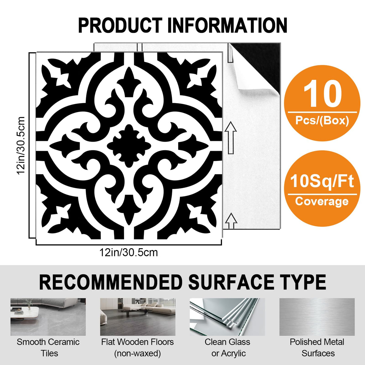 Peel and Stick Floor Tile, Self-Adhesive DIY Vinyl Flooring,Waterproof Tile Sticker , Wall, Fireplace(10PCS,12 x 12