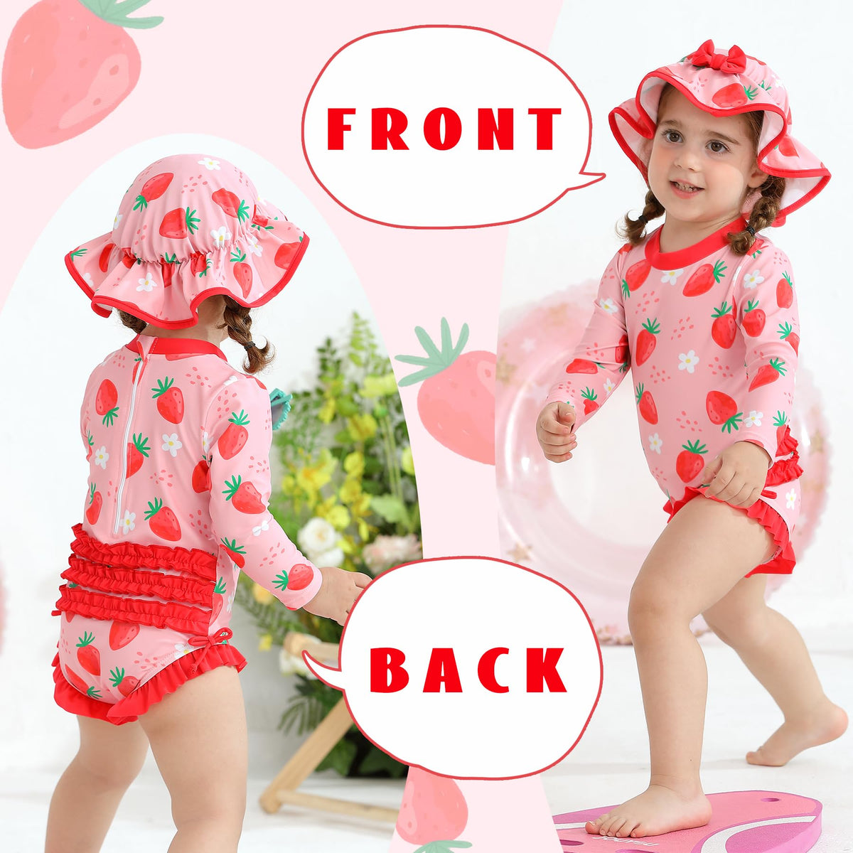 Infant Baby Girl Swimsuit Long Sleeve Bathing Suit with Hat