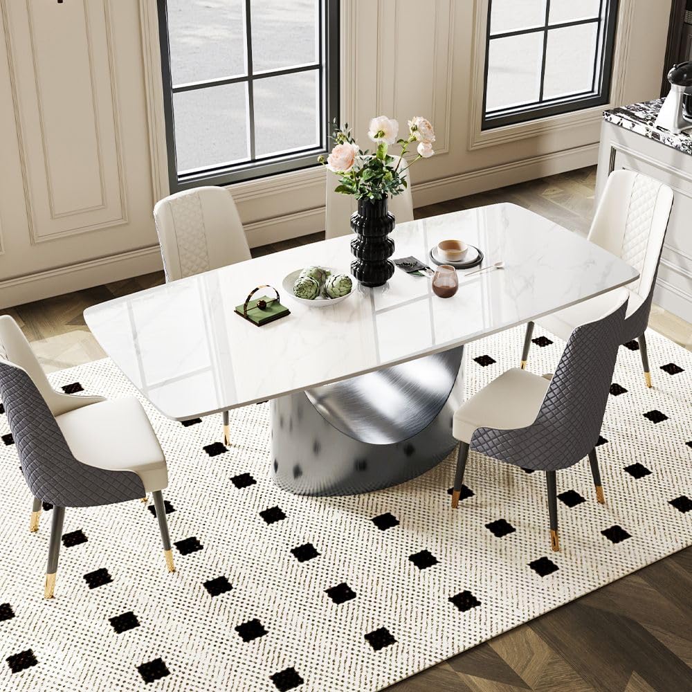 63" Modern Dining Table for 4, Glossy White Dining Room Table, Sintered Stone Tabletop with Gray Carbon Steel