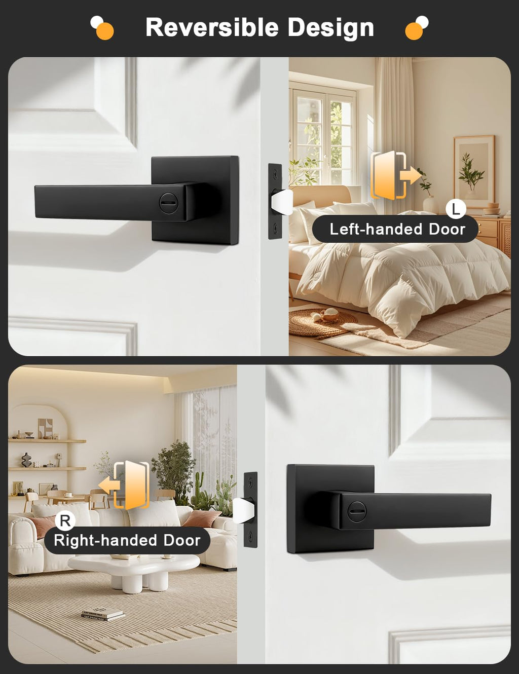 6 Pack Square Privacy Door Levers Locksets in Matte Black Finish, Bed/Bath Door Levers Keyless Interior