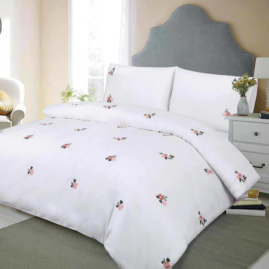 Pink Floral Duvet Cover Set Embroidered White Cotton Bedding Set