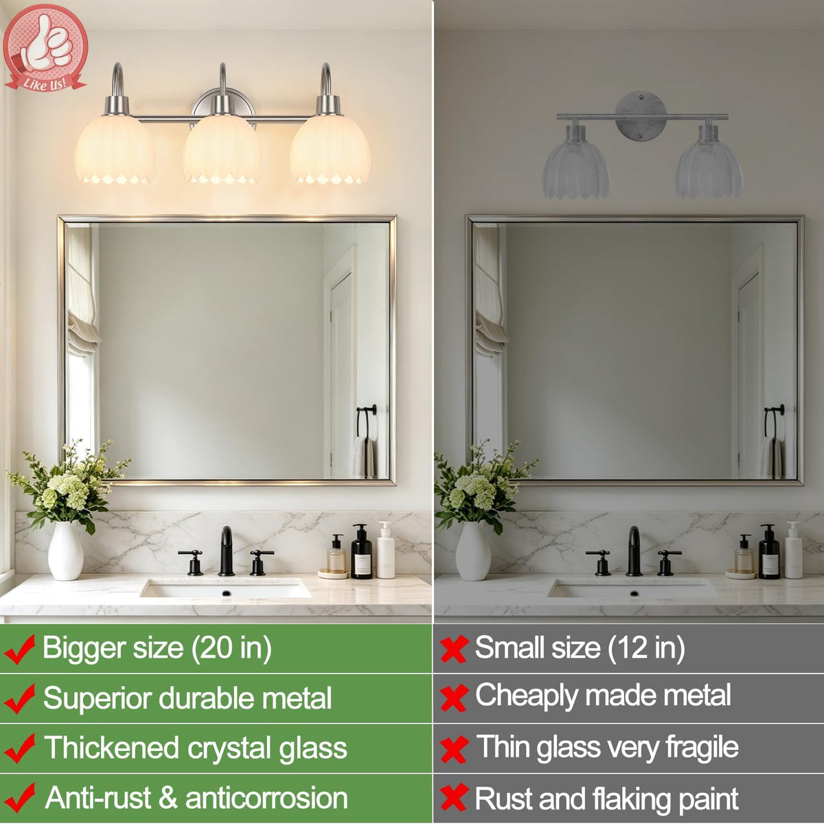 Bathroom Light Fixtures, 3-Light Brushed Nickel Bathroom Vanity Light Over Mirror with White Tulip Glass Shades