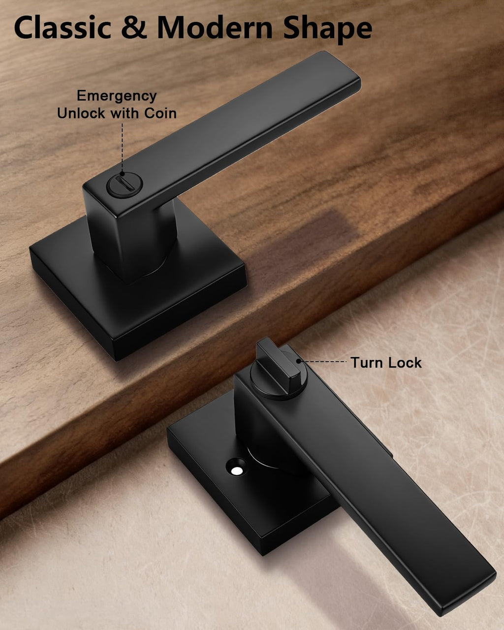 Matte Black Privacy Door Handles, 1 Pack Solid Zinc Alloy Square Interior Door Levers with Lock Bathroom Office