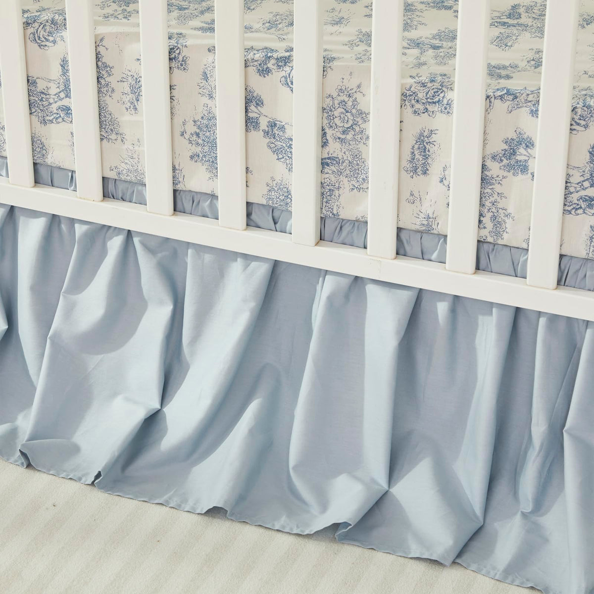 Boho Bohemian Girl Boy Baby Nursery Crib Bed Skirt Dust Ruffle - Neutral Solid Color Light Blue Farmhouse Chic 100%