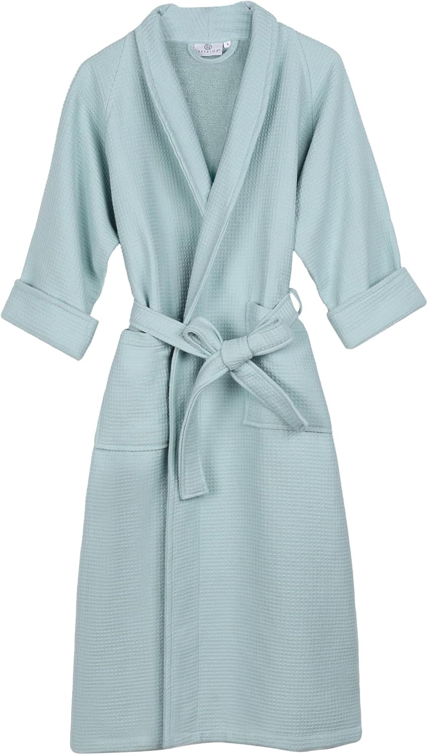 Waffle Weave Cotton Unisex Bathrobe with Belt, Soft and Absorbent Robe for Men and Women Bath Essentials Robes