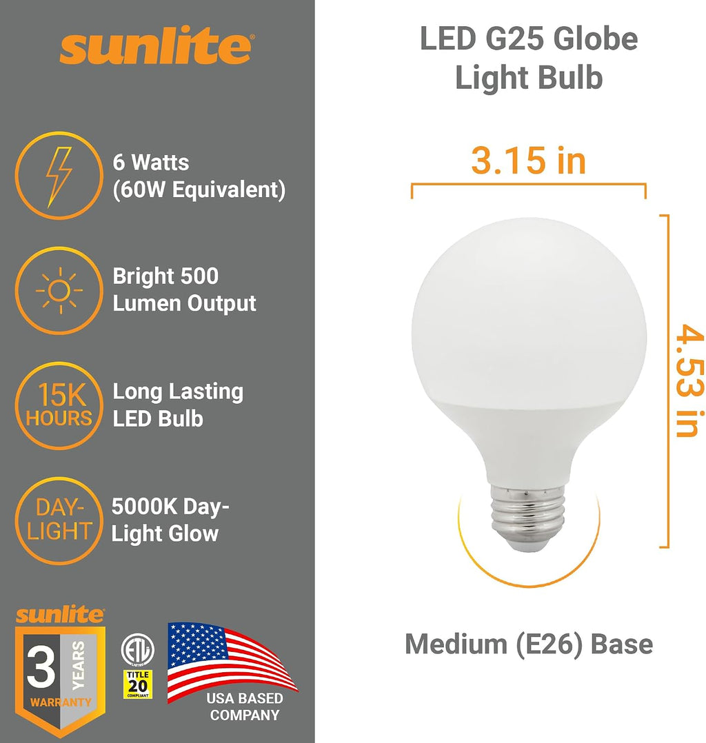 LED G25 Globe Light Bulb, 6 Watts (60W Equivalent), 120V, Medium E26 Base, 500 Lumens, Dimmable, Frosted, 90 CRI