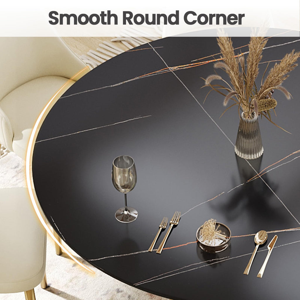 53'' Round Marble Dining Table for 4, Modern Black Sintered Stone Kitchen Dinner Table with Solid Wood Panel
