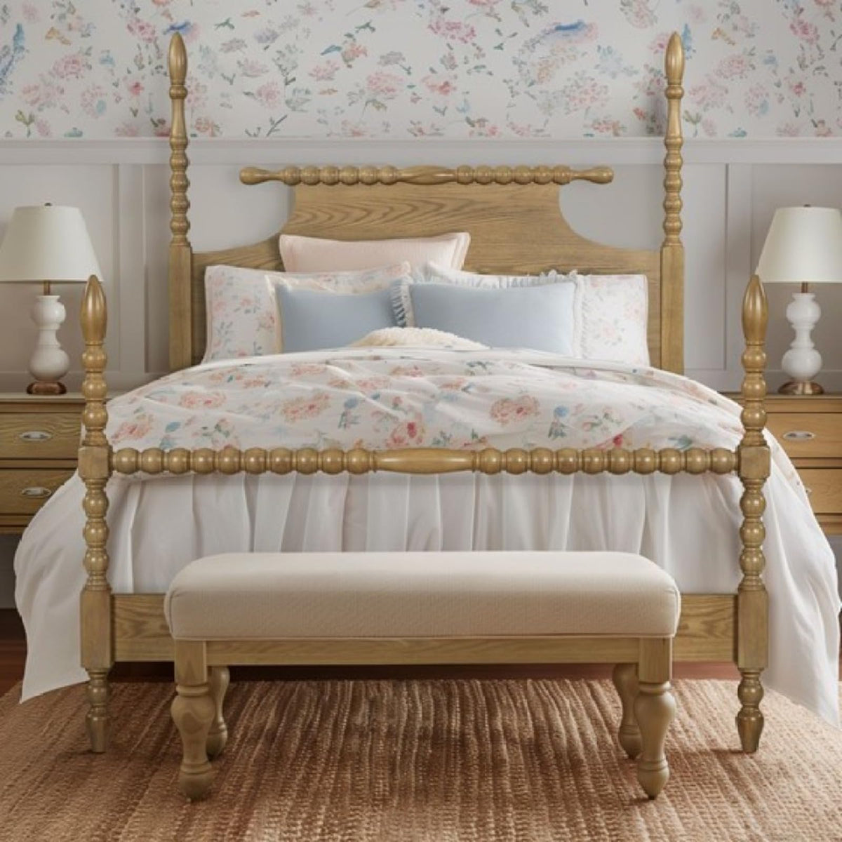 Queen Size Solid Wood Spindle Platform Bed Frame with Turned Posts, Bobbin Railing and Silent Wooden Slats Support
