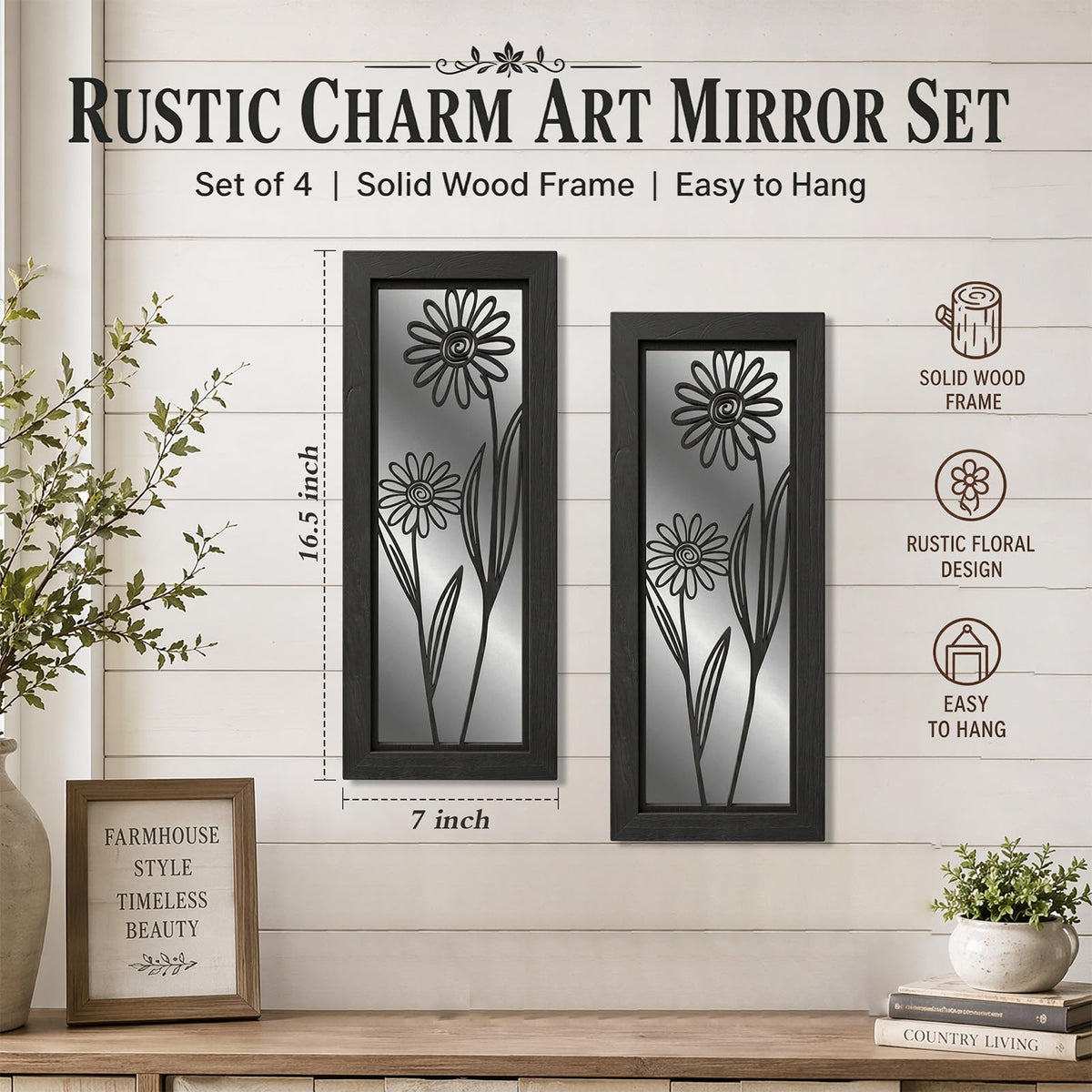 4 Set Farmhouse Mirrors for Wall Decor Living Room Bedroom Bathroom Entryway Wood Rustic Decorative Framed Hanging