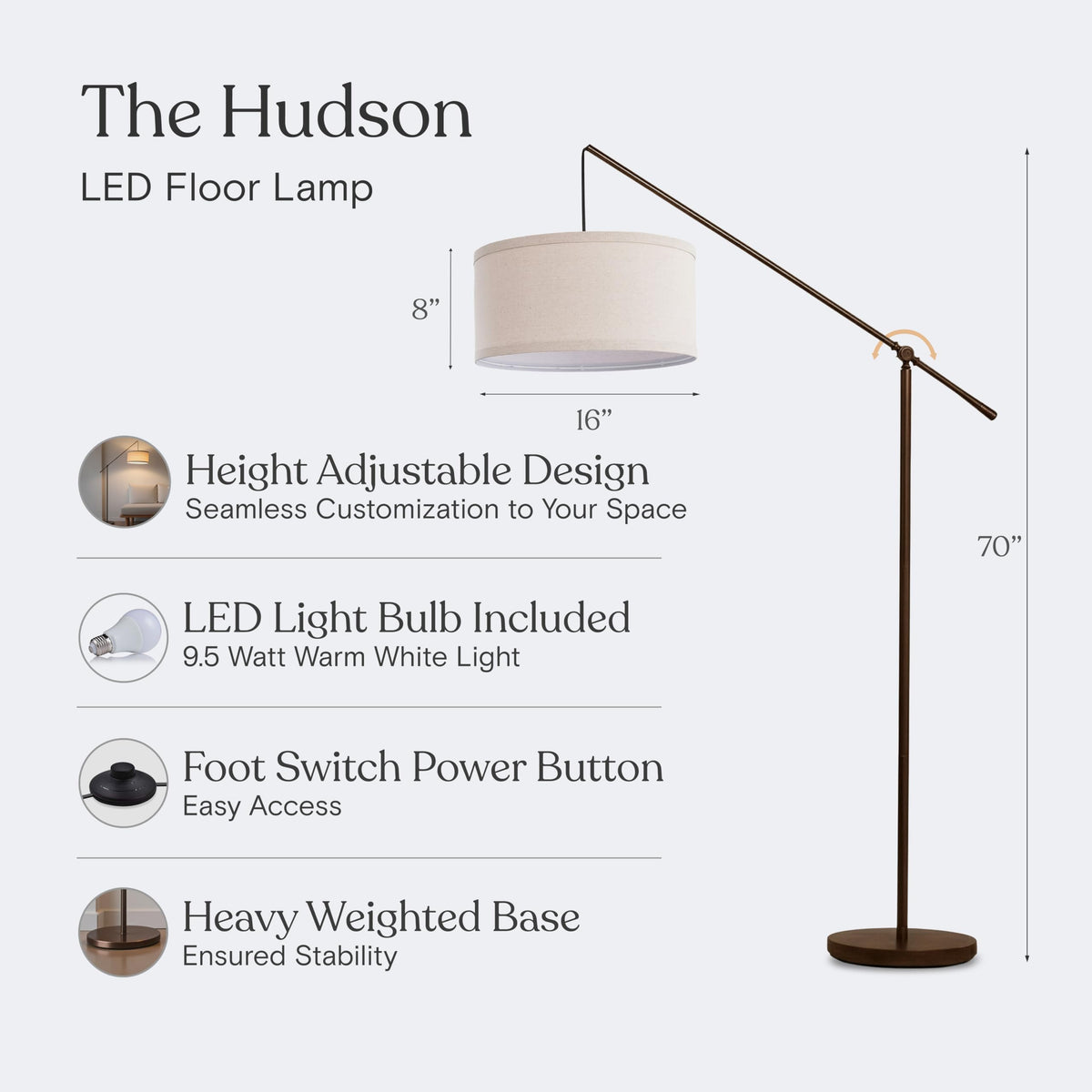 Inspired Arco Style Hudson 2 - LED Floor lamp, Tall Lamp with Sturdy Base, Contemporary Arc Lamp s & Offices, Great Living Room Décor