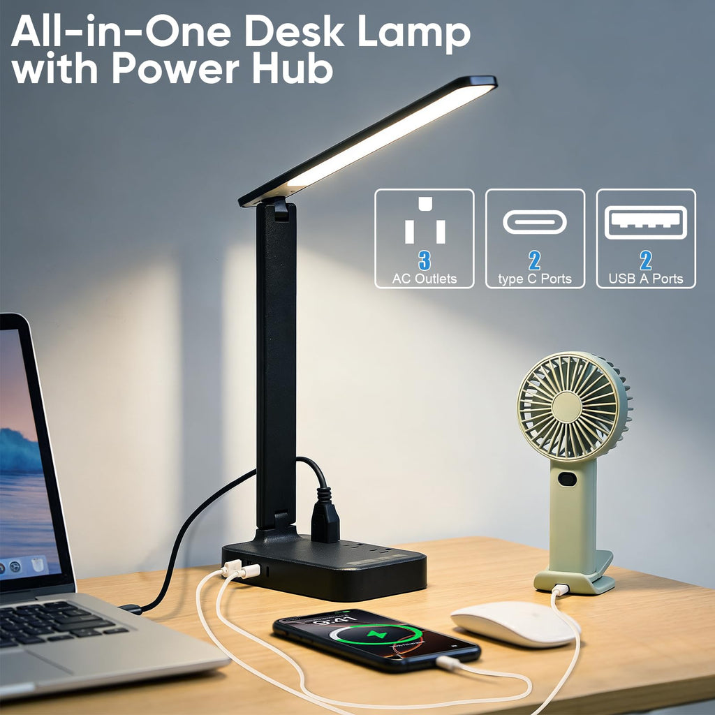 LED Desk Lamp with Power Strip, 3 AC Outlets & 4 USB Ports (2 USB-C), Eye-Caring Task Light, 5 Color Modes 5