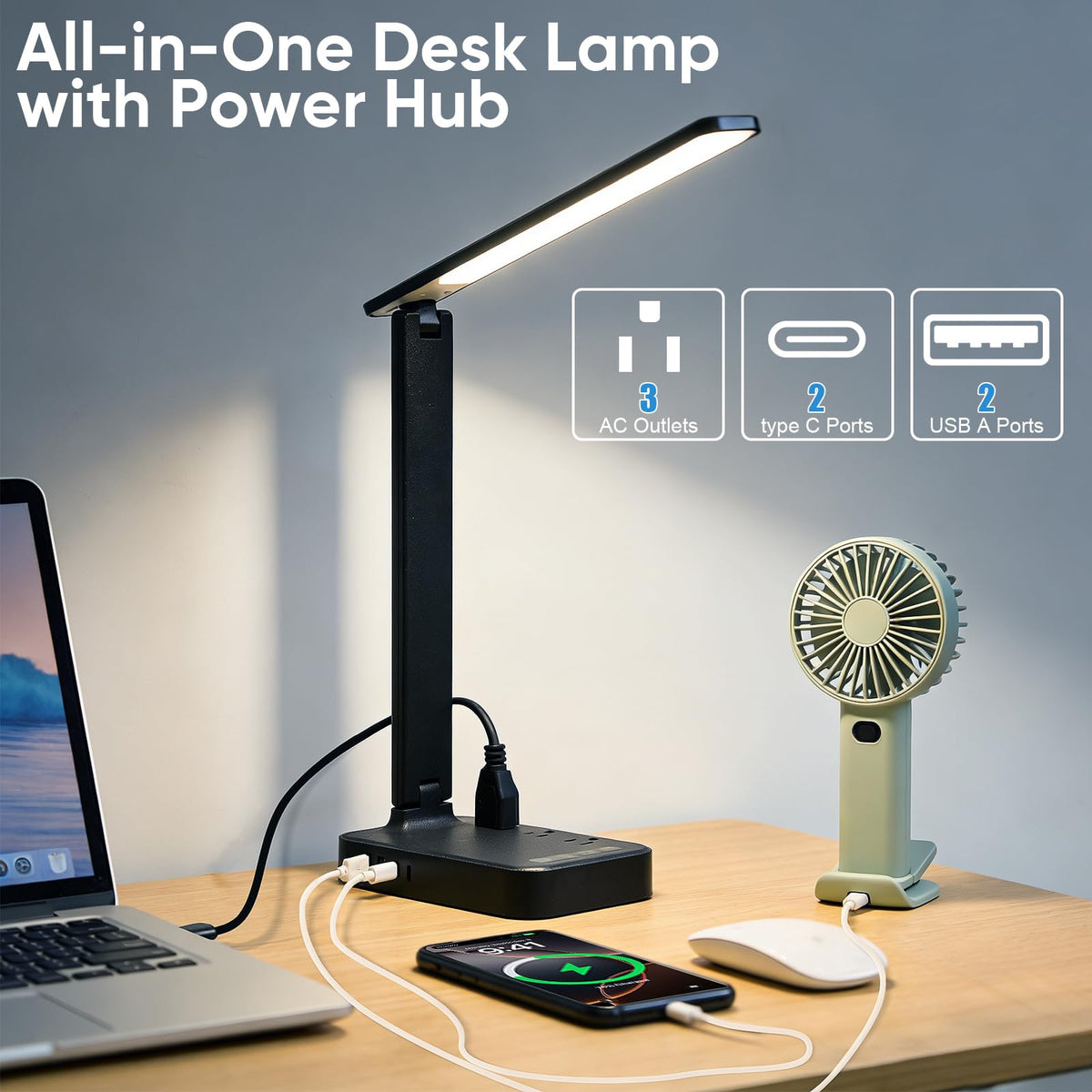 LED Desk Lamp with Power Strip, 3 AC Outlets & 4 USB Ports (2 USB-C), Eye-Caring Task Light, 5 Color Modes 5