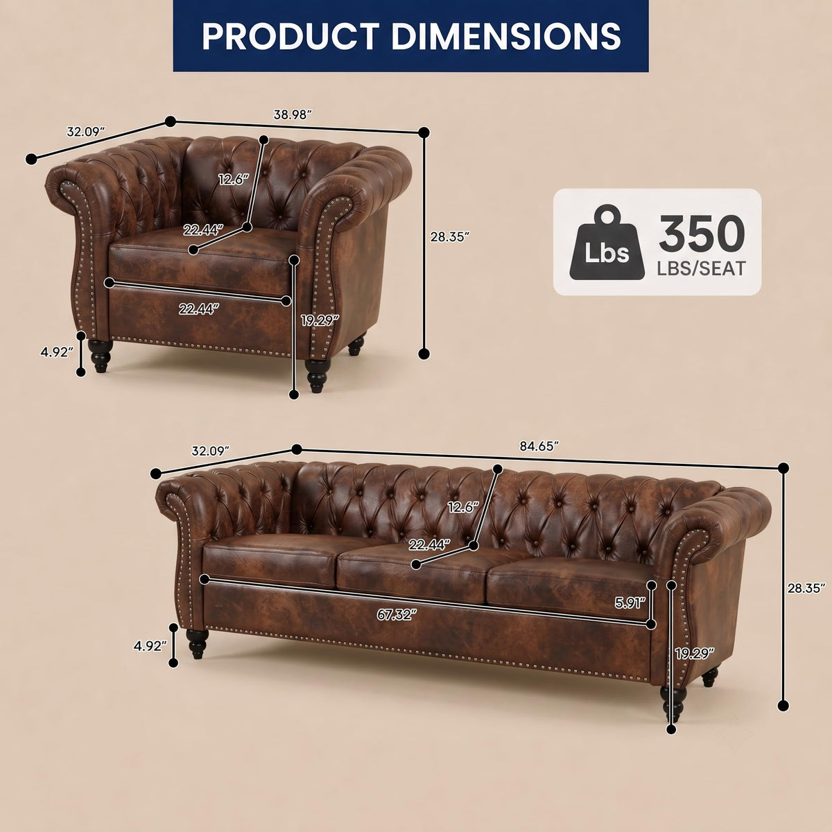 3 Piece Living Room Set, Chesterfield Sofa & 2 Accent Chairs, Faux Leather Couch Set with Tufted Backrest & Nailhead