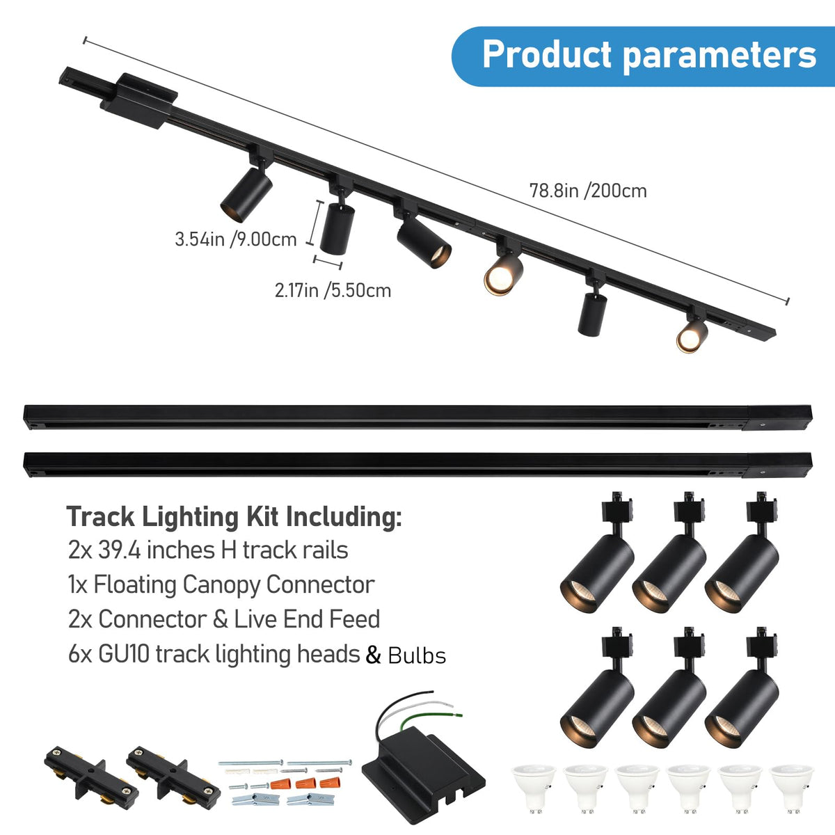 LED Track Lighting Kit with 6.6FT H Track Lighting Rails & Canopy Connector, GU10 Dimmable Track