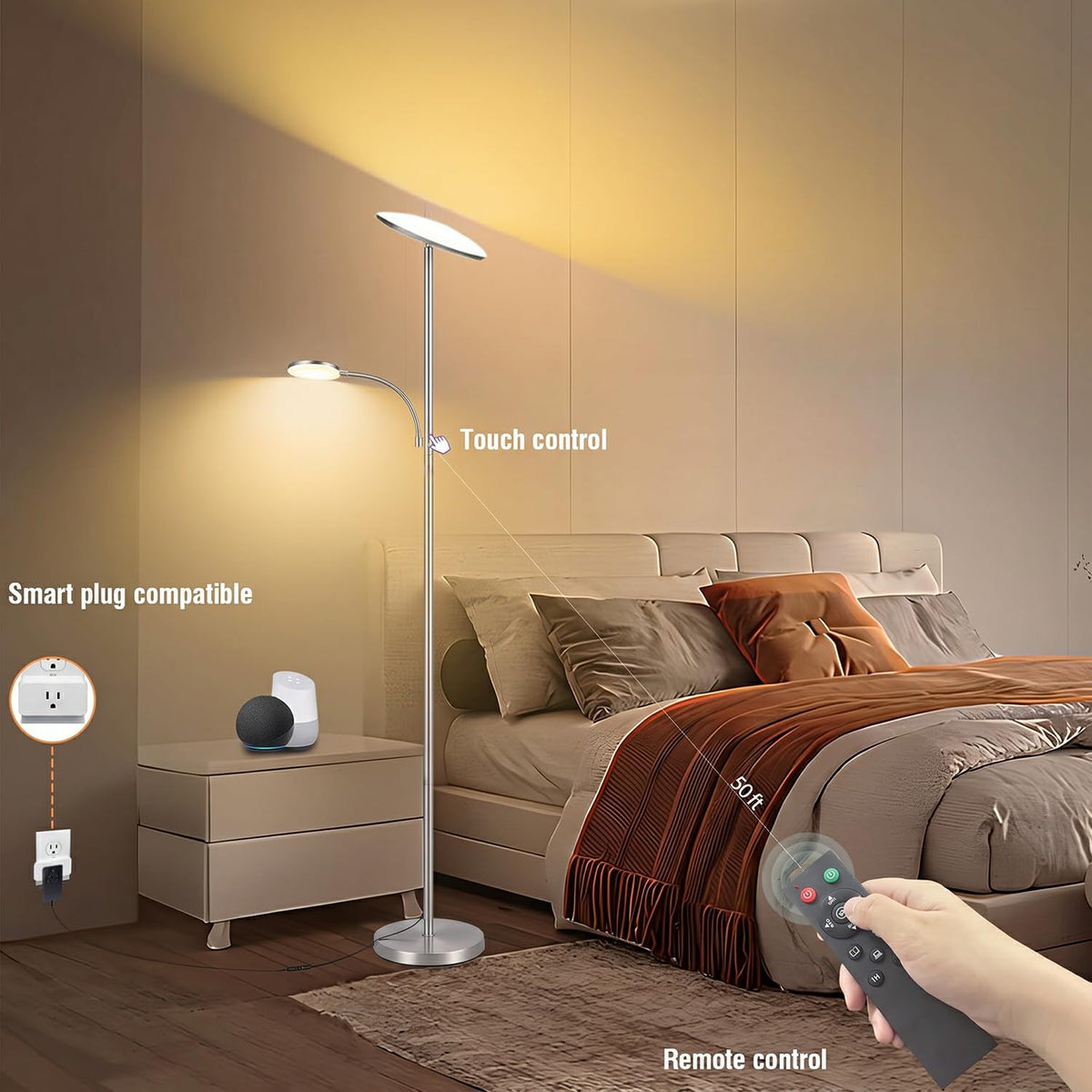 Silver Metallic Floor Lamps, 44W/4500LM High Output 2 in 1 LED, Smooth Stepless Control & Timer, 69" Standing Lamp