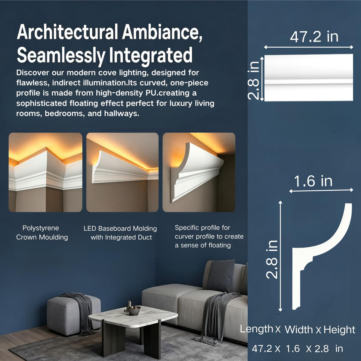 10 Pack 47.24′′(Total 39.4 Ft) Ceiling Crown Molding with LED Duct Kit
