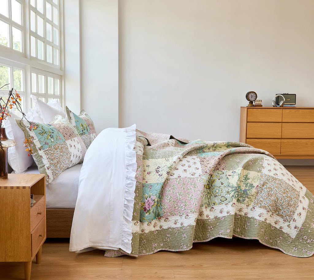 Green Patchwork Quilts Cotton Vintage Coverlet 3PC