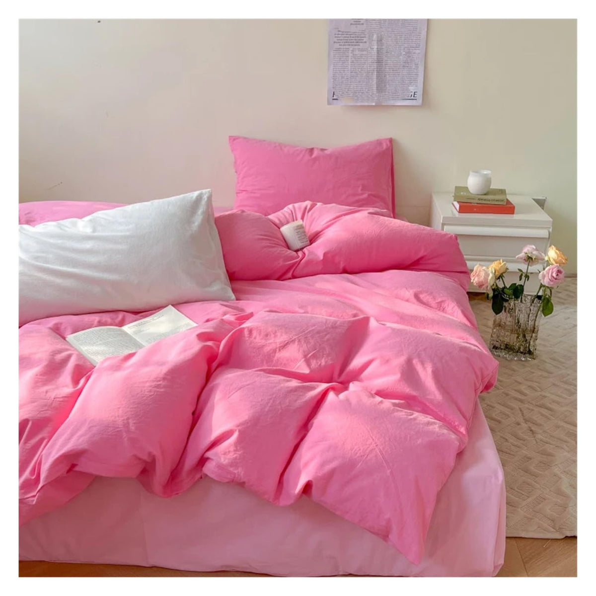 Cotton Waffle Jacquard Bright Color Four Piece Set Washed Cotton Bed Sheet and Quilt Cover, Bed Sheets