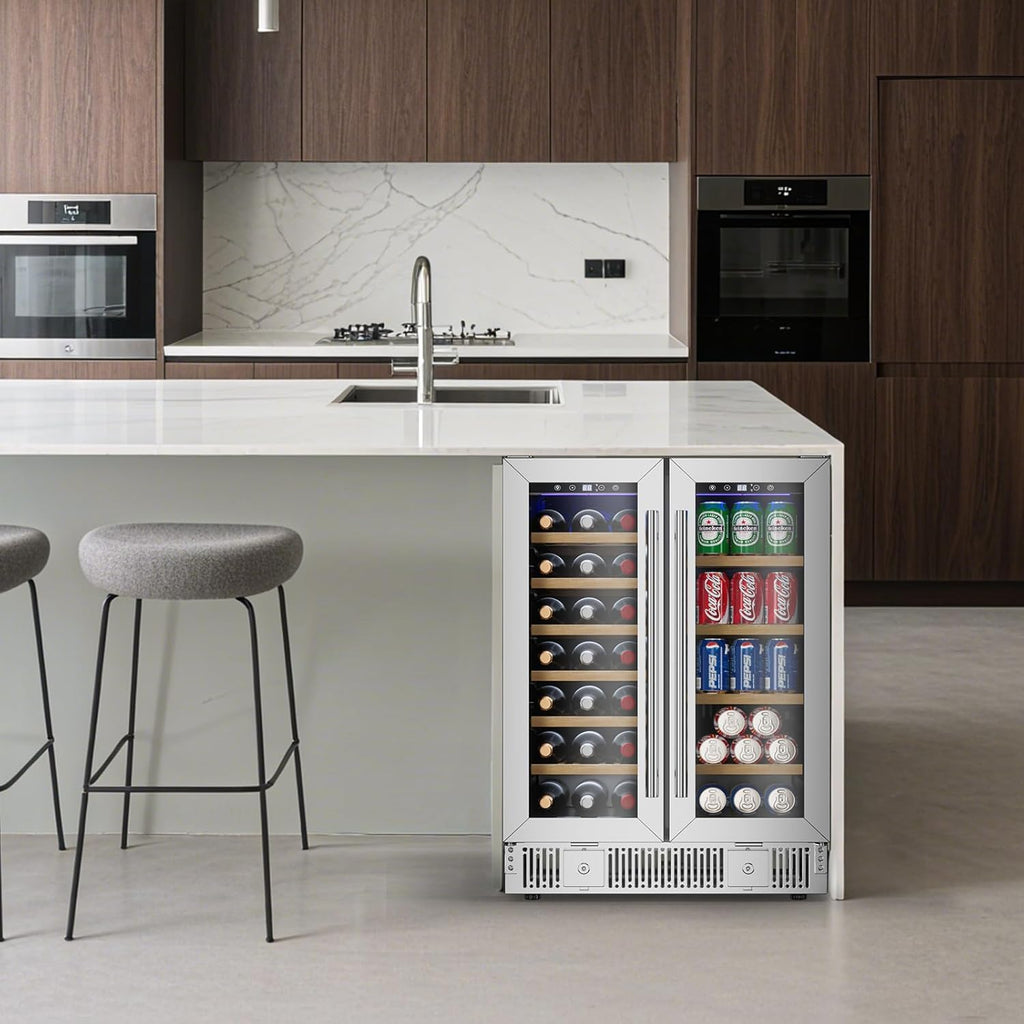 Wine and Beverage Refrigerator, 24 Inch Dual Zone Wine Cooler with Glass Door&Lock, Built