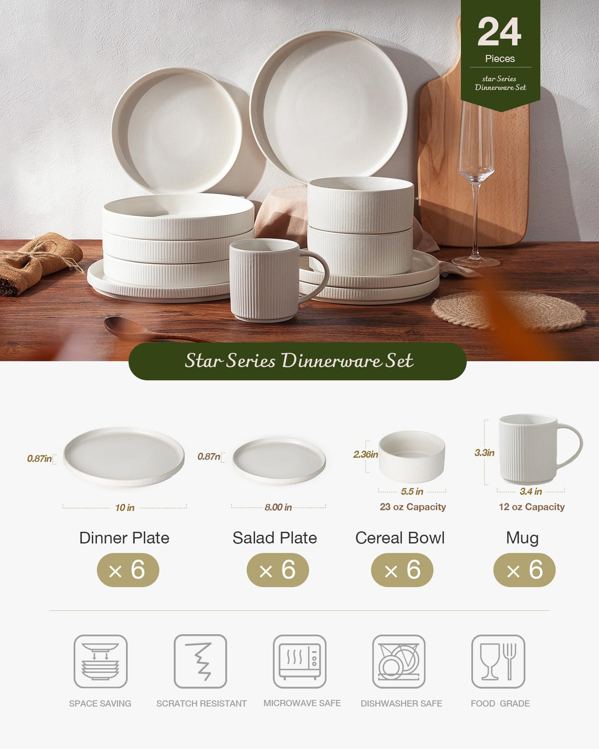 Star Dinnerware Sets with Mugs, Ceramic Plates and Bowls Set for 6