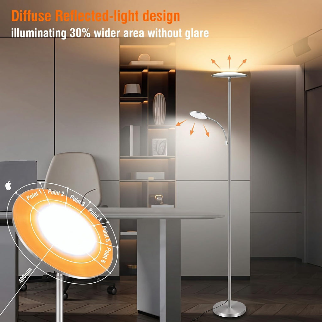 Silver Metallic Floor Lamps, 44W/4500LM High Output 2 in 1 LED, Smooth Stepless Control & Timer, 69" Standing Lamp