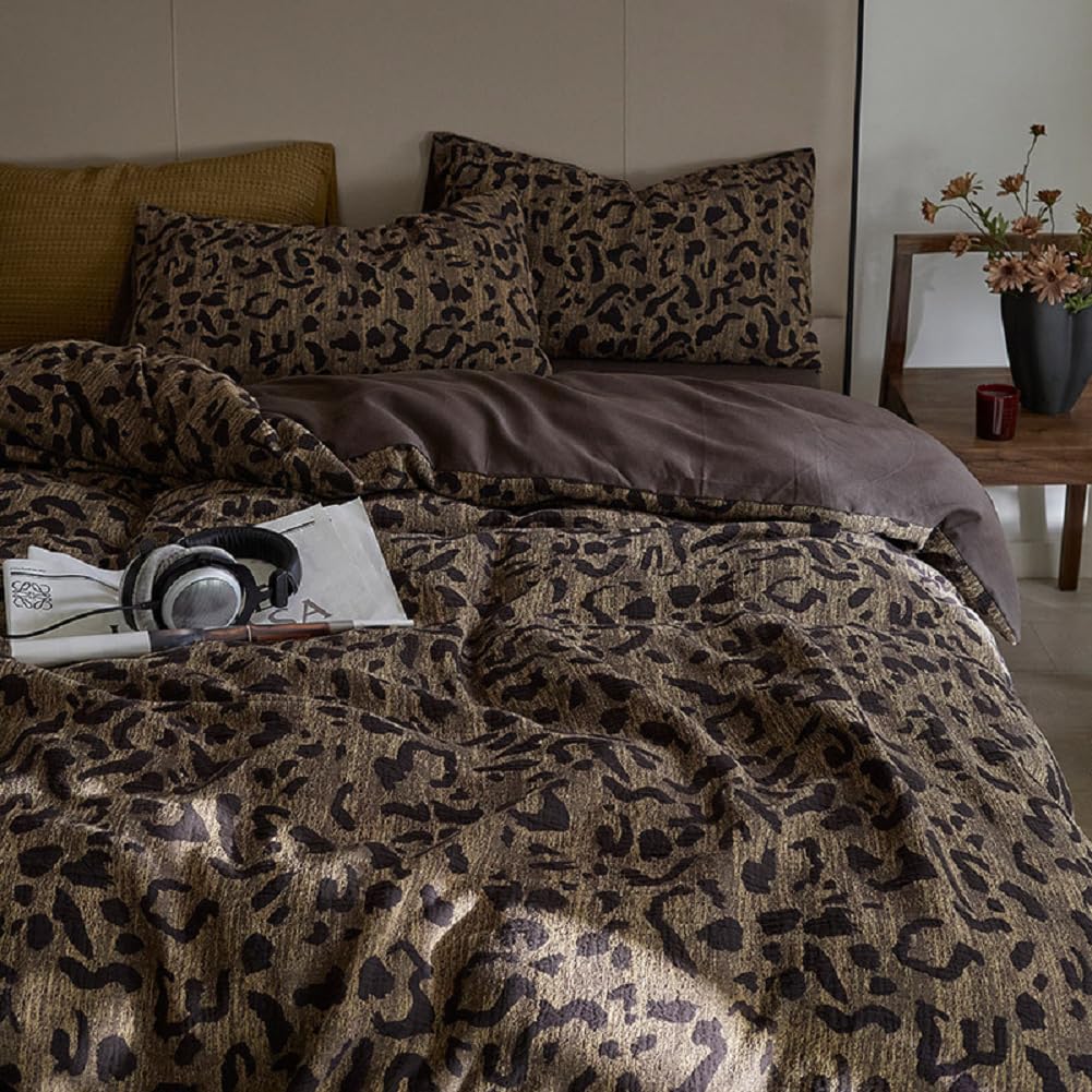 Leopard Print Duvet Cover Queen Yarn-Dyed Cotton Jacquard Duvet Cover Brown Leopard Pattern Comforter Cover Farmhouse