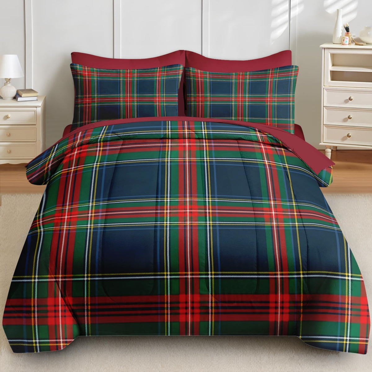 Comforter Set with Sheets, 7 Pieces Tartan Plaid Bedding