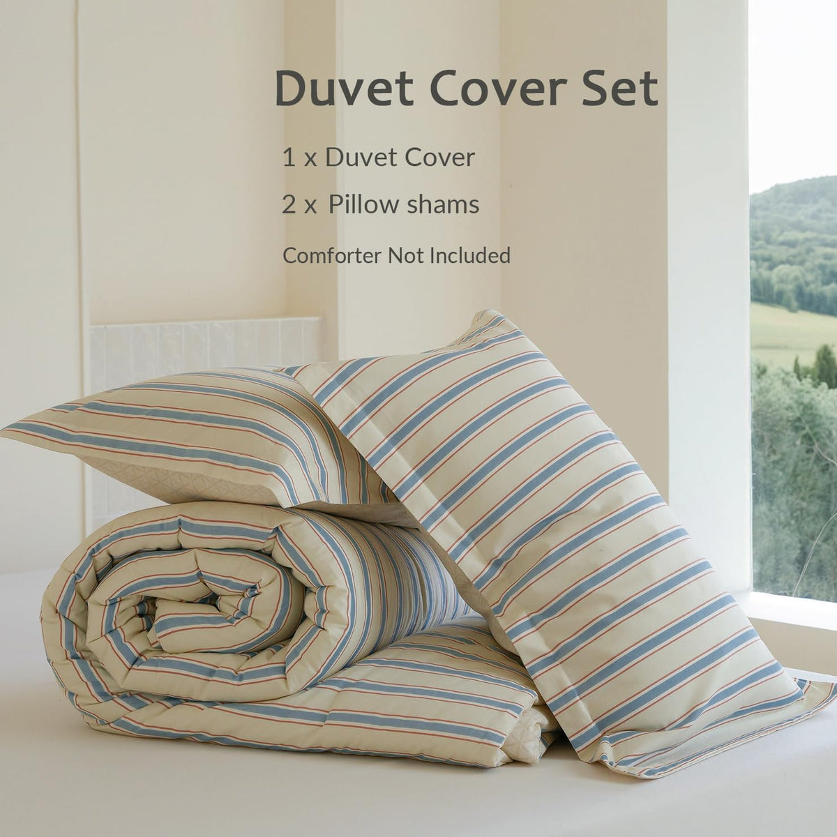 Striped Duvet Cover, 100% Natural Cotton Vintage Beige & Blue Pattern Printed Bedding Set, Soft Breathable