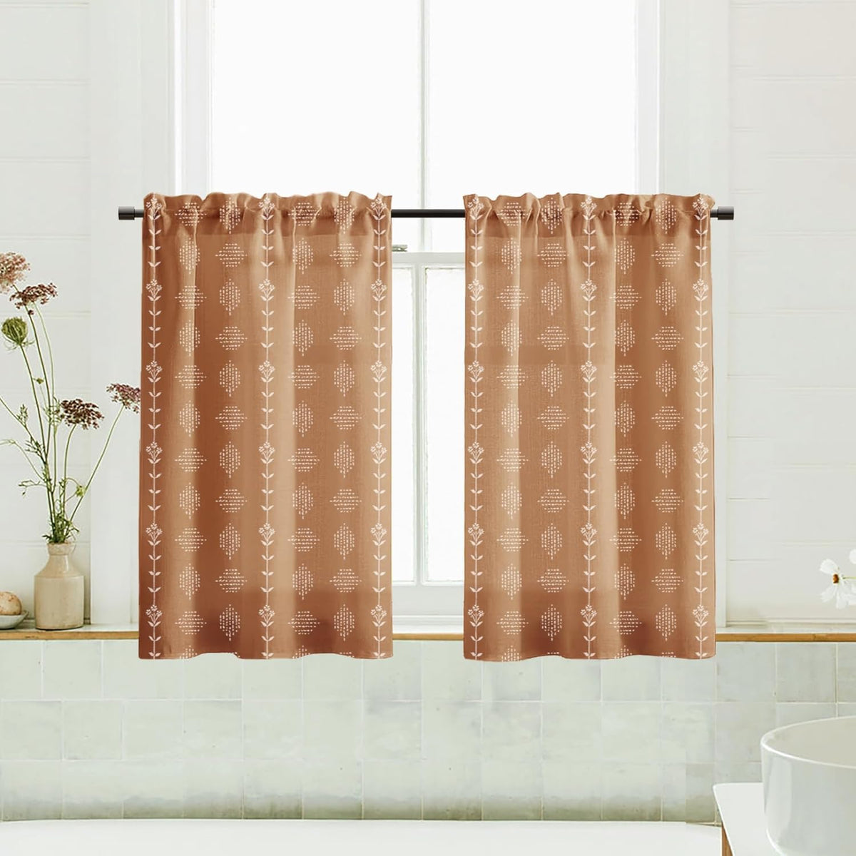 Boho Farmhouse Kitchen Curtain,Rustic Style Terracotta Western Curtains for Bedroom Living Room,Sets of 2 Panels,36