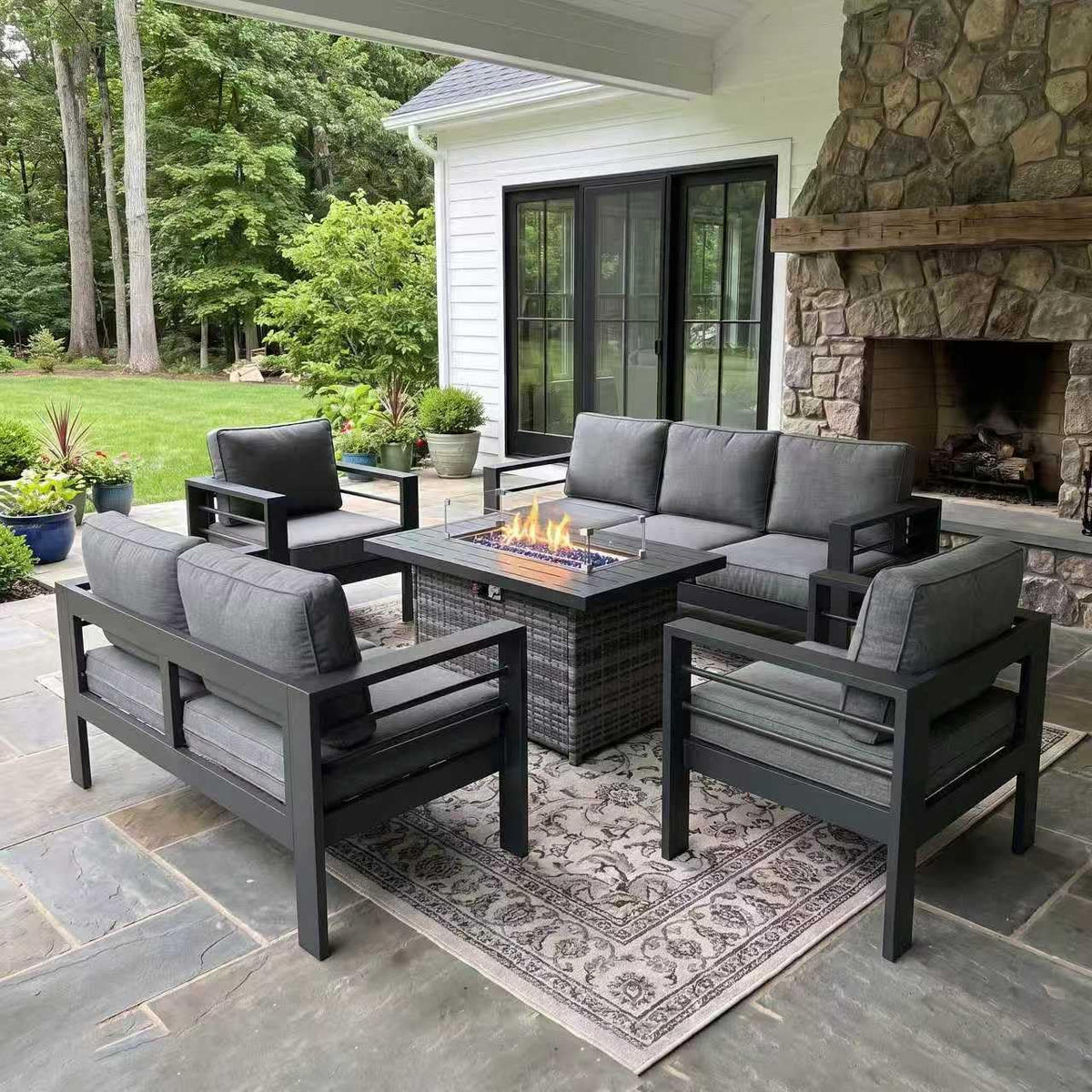 Outdoor Aluminum Furniture Set with Fire Pit Table, 5 Pieces Patio Sectional Conversation Chat Sofa Modern Seating Set