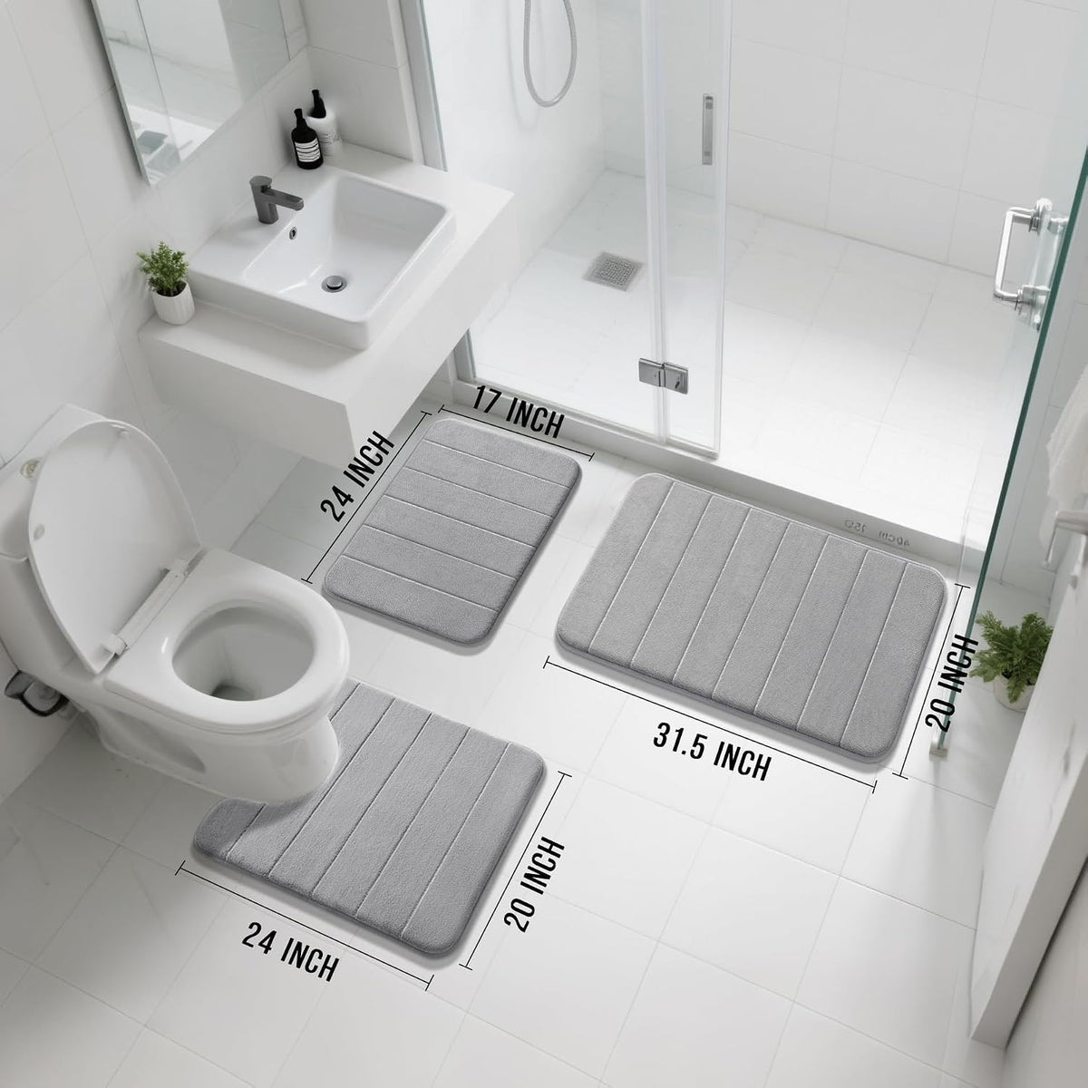 Memory Foam Bath Mat Set 3 Pieces- Super Soft Absorbent Quick Dry Bathroom Rug Sets, Machine Washable Non Slip Floor