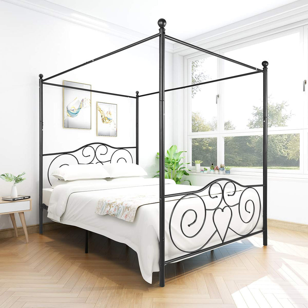 Canopy Bed Frame, Metal Canopy Platform Bed, No Box Spring Needed, Black Vintage Style