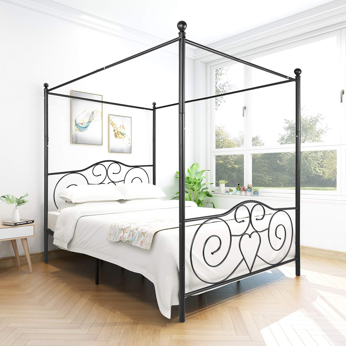 Canopy Bed Frame, Metal Canopy Platform Bed, No Box Spring Needed, Black Vintage Style