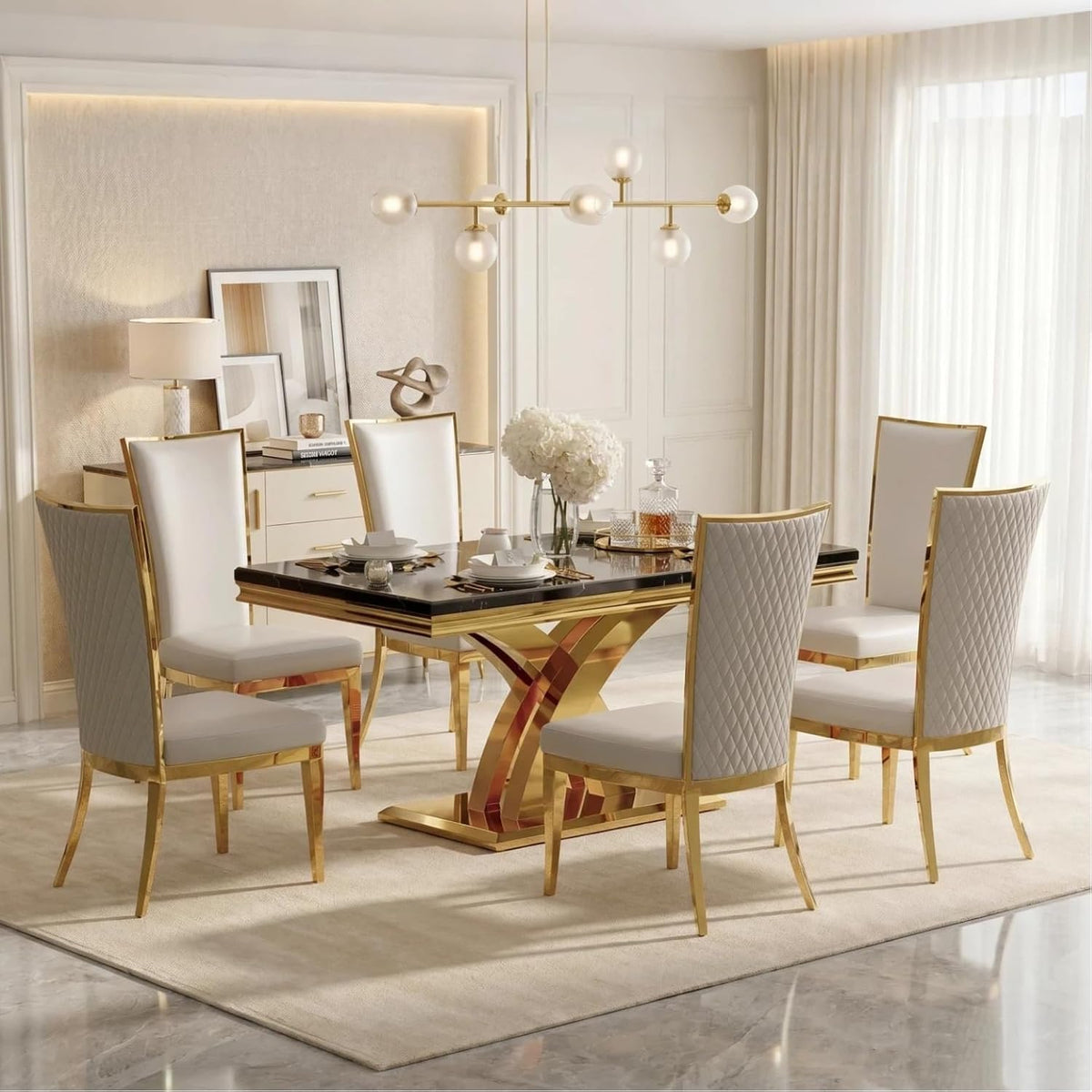 65" Black Faux Marble Dining Table with Polished Gold X-Cross Base