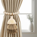 No Drill Curtain Tiebacks with Strong Magnetic Closure, Natural Wood Beads Boho Holdbacks with Triple Tassels