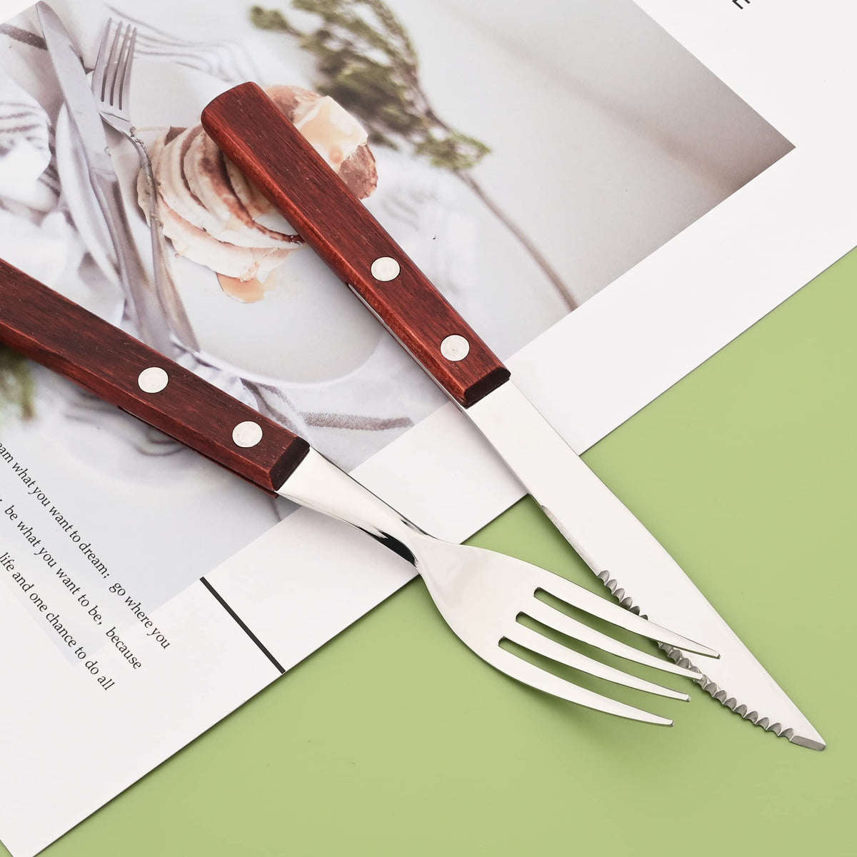 Wooden Handle Flatware Set, Knives Forks Spoons Set for 6, 24-Piece 304 Stainless Steel Kitchen Utensils Set